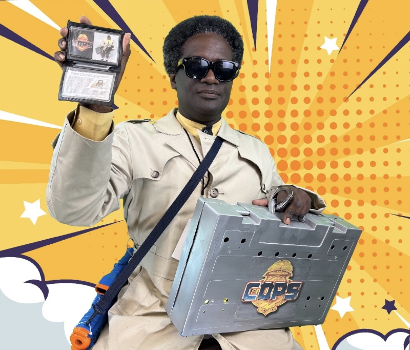 Adult cosplayer with briefcase