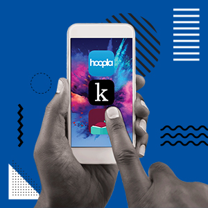 Teen Digital Library Ad featuring a phone with app icons for Hoopla, Kanopy and Libby