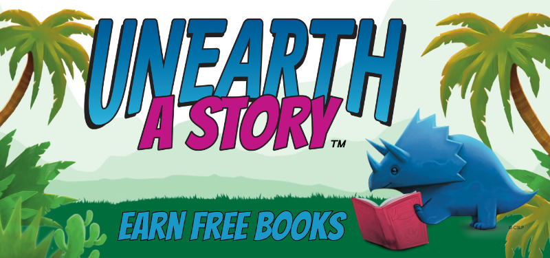 Unearth a Story: Summer Reading Challenge. Includes an illustration of a blue dinosaur holding a red book.