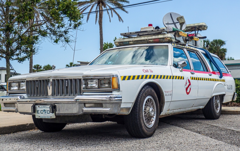 Replica of the Ectomobile from Ghostbusters parked outside the Library at last year's event