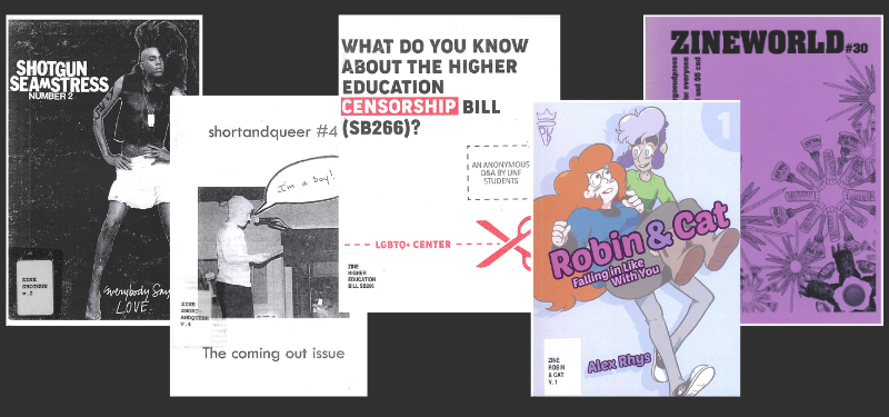 Covers for Shotgun Seamstress, shortandqueer, What Do You Know About the Higher Education Bill, Robin & Cat, and Zine World.