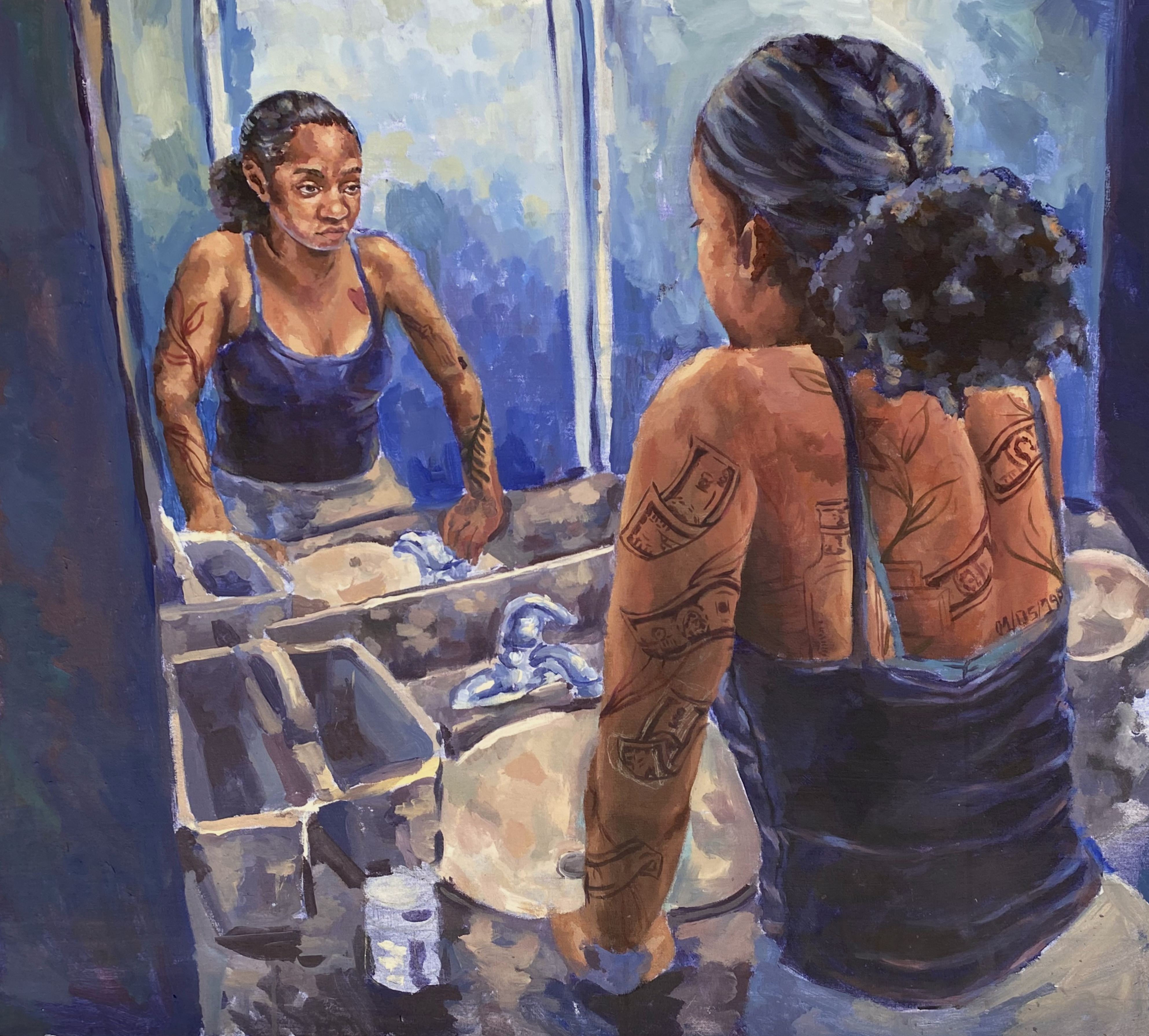 A young black woman looks into a bathroom mirror in this student art painting
